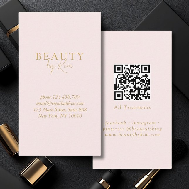 Cartão De Visita Elegante Mínimo Dourado de Rosa e Beige, Código QR (Pink & Beige-Gold Minimal Elegant, Salon QR Code Business Card)