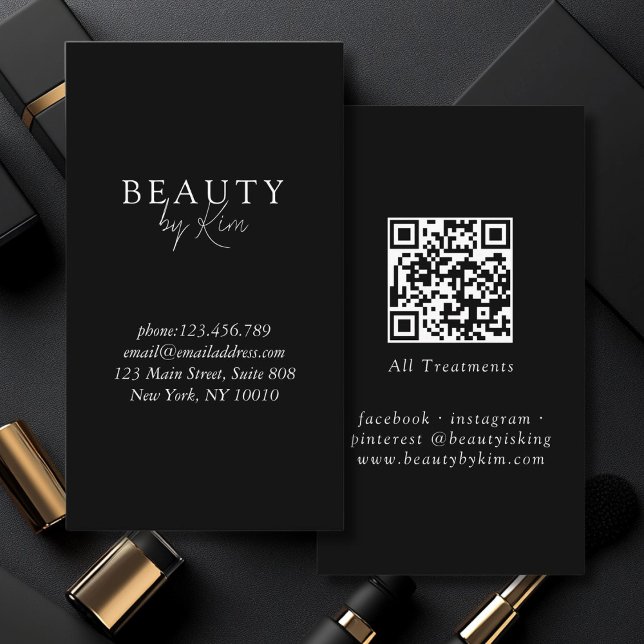 Cartão De Visita Elegante mínimo preto e branco, código QR de salão (Black & White Minimal Elegant, Salon QR Code Business Card)