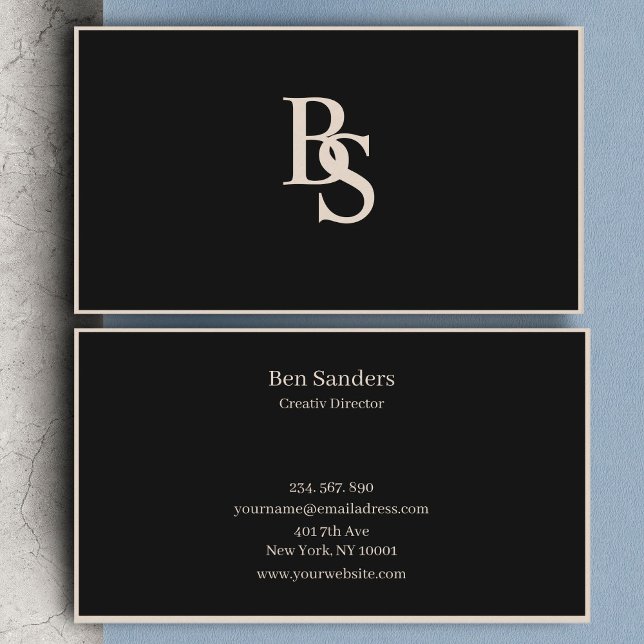 Cartão De Visita Elegante moderno Beige & preto minimalistic ( Black Elegant Modern Minimal Monogram Business Card)