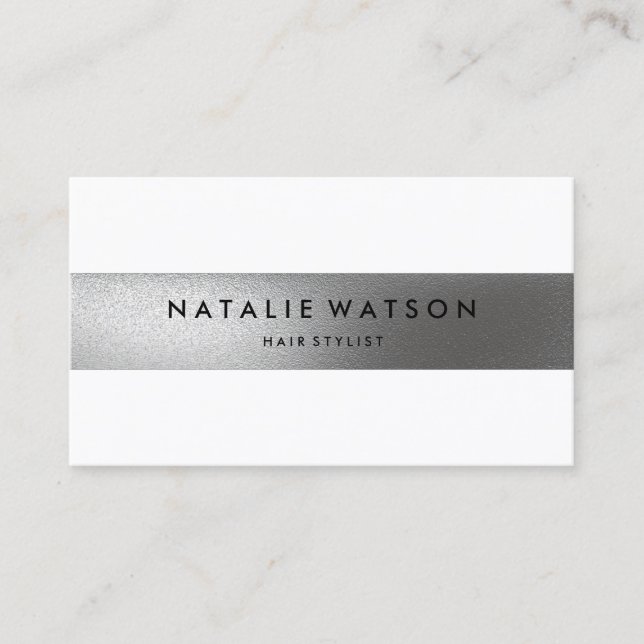 Cartão De Visita Elegante moderno branco da listra de prata áspera (Frente)