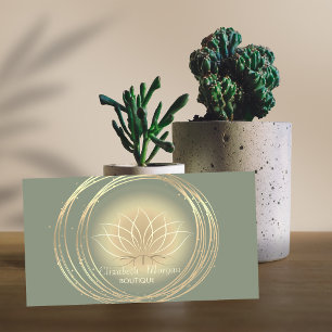Cartão De Visita Elegante Moderno Círculos de Ouro Lótus Verde Salv