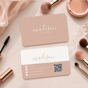 Cartão De Visita Elegante Moderno Código QR em Rosa Bege Redondo