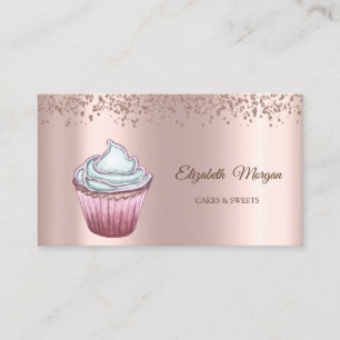 Cartão De Visita Elegante Moderno Cupcake de Diamantes em Ouro Rosa