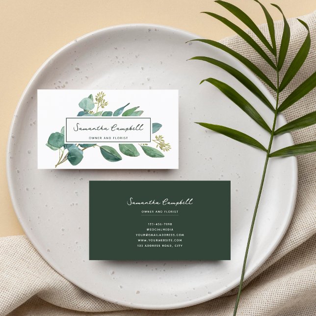 Cartão De Visita Elegante moderno Eucalyptus & Script Emerald Green (Criador carregado)