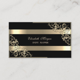 Cartão De Visita Elegante Moderno, Preto, Listrado Dourado, Moldura