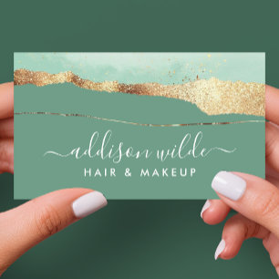 Cartão De Visita Elegante Moderno Script em Verde Menta e Dourado
