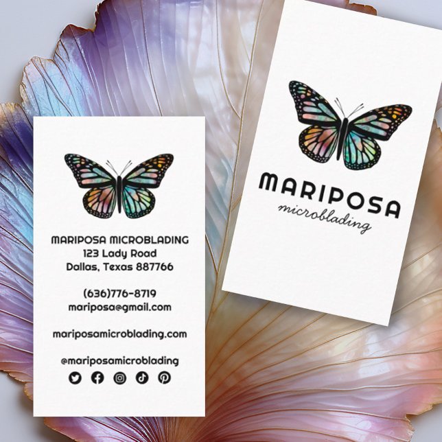 Cartão De Visita Elegante Monarca Borboleta Estheticista Salão de B (Beautiful watercolor butterfly on this custom business card with social media icons)