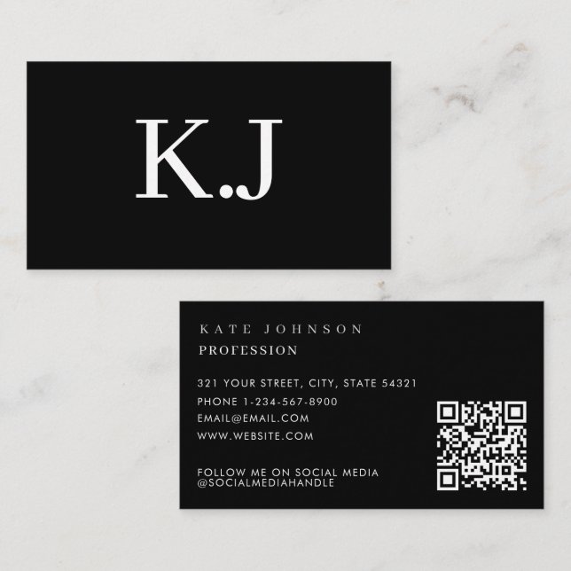 Cartão De Visita Elegante Monograma de Código QR Minimalista Preto  (Frente/Verso)
