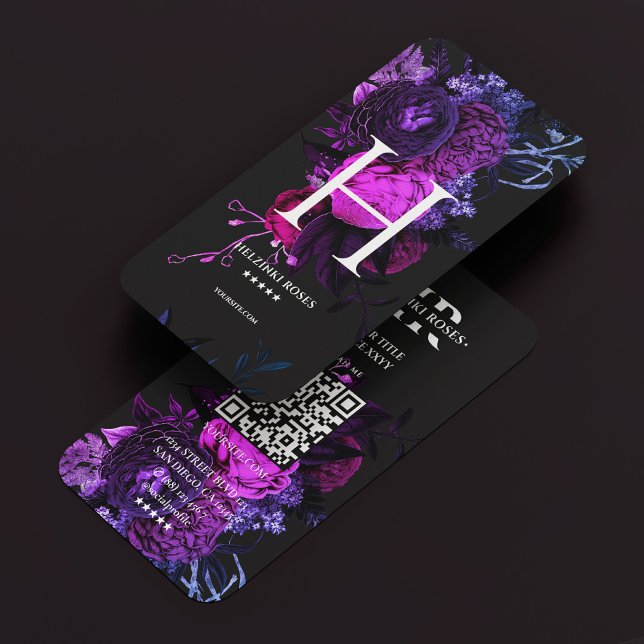 Cartão De Visita Elegante Monograma H Rosa Floral Azul Roxo Escuro (Elegant Monogram H Floral Rose Dark Purple Blue Business Card
)