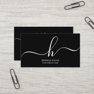 Cartão De Visita Elegante Monograma Inicial de Nome em Preto e Bran