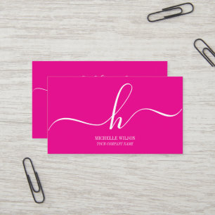 Cartão De Visita Elegante Monograma Inicial em Script Branco Rosa