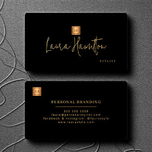 Cartão De Visita Elegante monograma profissional dourado preto