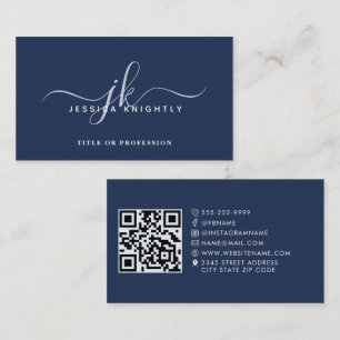 Cartão De Visita Elegante Monograma Script QR Code Social Media Blu