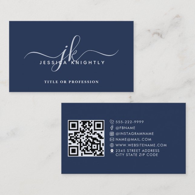Cartão De Visita Elegante Monograma Script QR Code Social Media Blu (Frente/Verso)