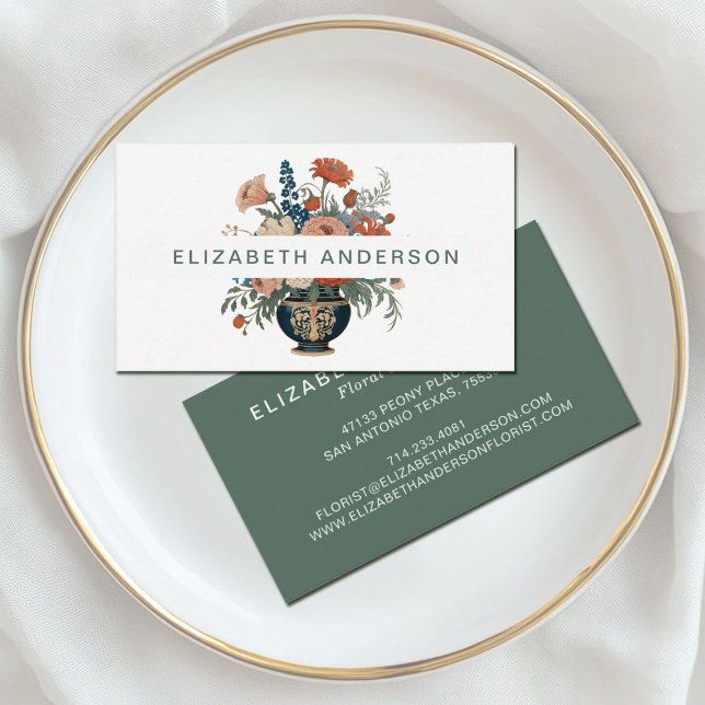 Cartão De Visita Elegante Na moda Floral (An elegant floral vase business card design, great for a florist or interior designer)