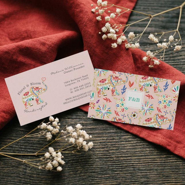 Cartão De Visita Elegante Ornamentado Decorativo Floral Feminina (Elegant Feminine Floral Decorative Ornate Elephant Business Card)
