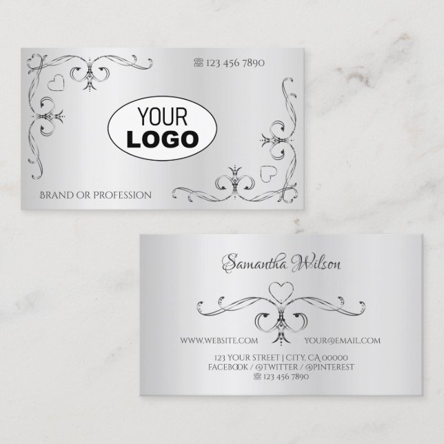 Cartão De Visita Elegante Ornamentado Silver Corner Borders Logotip (Frente/Verso)