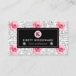 Cartão De Visita Elegante padrão de rosas rosa e preto em estilo sh