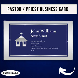 Cartão De Visita Elegante Pastor Padre de Igreja Azul Prata