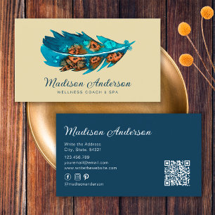 Cartão De Visita Elegante Pena Azul Terracota Boho Aquarela