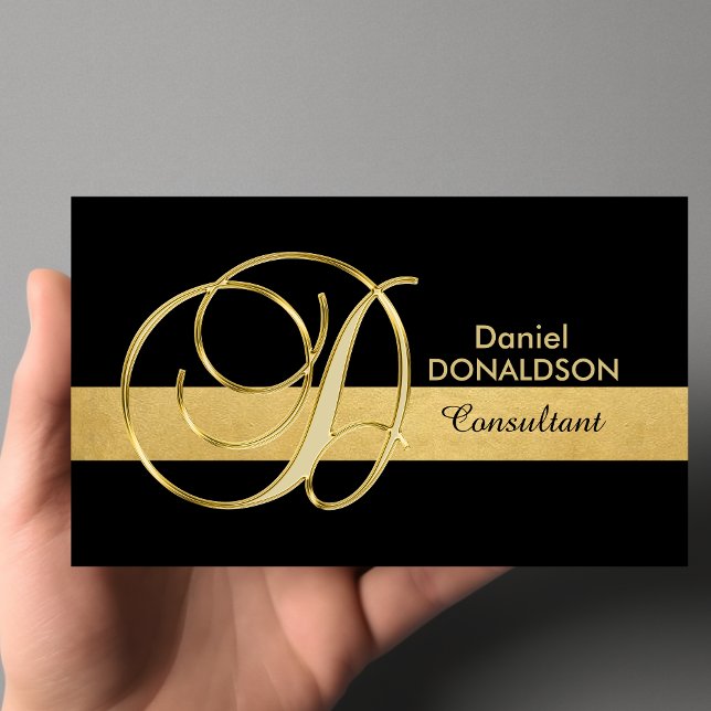 Cartão De Visita Elegante Personalizado Monograma Dourado Preto Ini (Custom Elegant Monogrammed Gold Black Initial 'D' Business Card)
