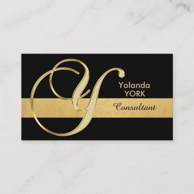 Cartão De Visita Elegante Personalizado Monograma Dourado Preto Ini (Frente)