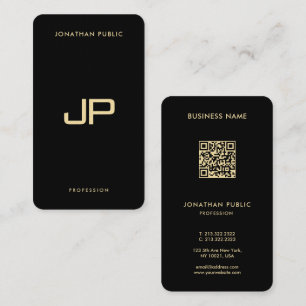 Cartão De Visita Elegante Preto e Dourado Código QR Linen Premium d