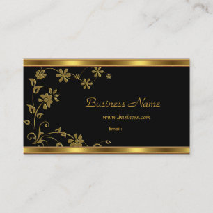 Cartão de Visita Elegante Preto Floral Dourado