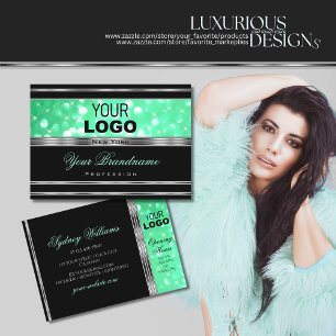 Cartão De Visita Elegante Preto Teal Verde Estrelas Logotipo Prata