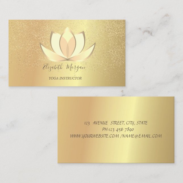 Cartão De Visita Elegante Professional Lotus Dourado Confetti Yoga (Frente/Verso)
