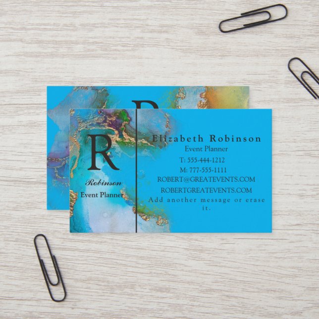 Cartão De Visita Elegante Profissional Dourado Sky Blue Marble Busi (Frente/Verso In Situ)