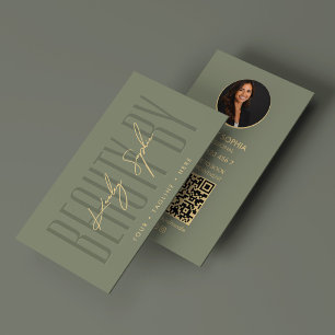 Cartão De Visita Elegante Profissional Sage Beleza Marca Foto QR