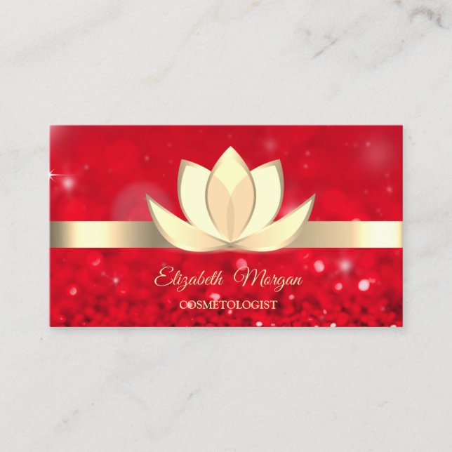 Cartão De Visita Elegante Red Bokeh Dourado Lotus Flower Yoga Reiki (Frente)
