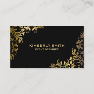 Cartão De Visita Elegante Renda Floral Dourada com Fundo Preto para