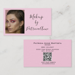 Cartão De Visita Elegante Rosa Bege Preto Script Foto QR Maquiagem