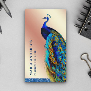 Cartão De Visita Elegante Rosa Chic Dourado Folha Azul Pavão Indian