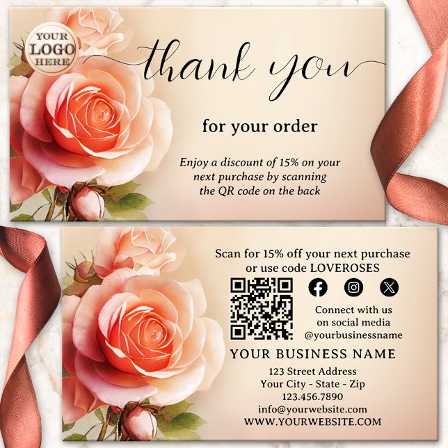 Cartão De Visita Elegante Rosa Obrigado Pelo Seu Pedido (Thank you for your order business card featuring a painting of a beautiful rose - with QR code)