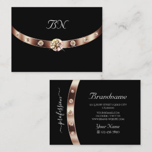 Cartão De Visita Elegante Rosa preto Dourado com Monograma e Diaman