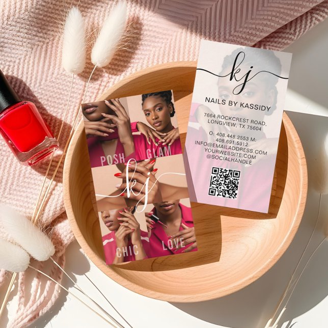 Cartão De Visita Elegante Roteiro de Salão de Unhas de Colagem de F (Elegant Photo Collage Script Calligraphy Monogram Business Card)