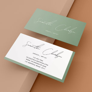 Cartão De Visita Elegante Rótulo Manuscrito Verde Sage Minimalista