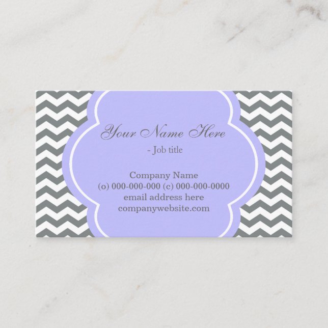 Cartão De Visita Elegante, roxo moderno, cinza e chevron branco (Frente)
