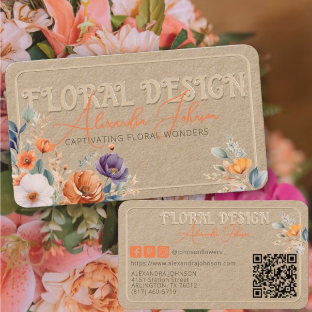 Cartão De Visita Elegante Rustic Kraft Boho Floral Design Embossed (Criador carregado)