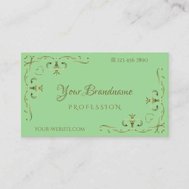 Cartão De Visita Elegante Sage - Cantos do Ornamentado Verde Dourad (Frente)