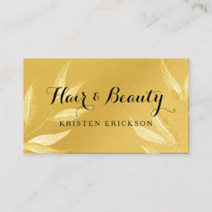 Cartão De Visita Elegante Salão de Cabelo e Beleza Folhas de Ouro F