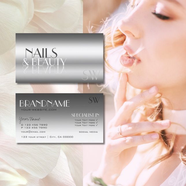 Cartão De Visita Elegante Silver Modern Mirror Letters com Monogram (Criador carregado)