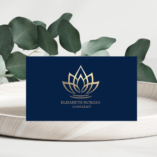 Cartão De Visita Elegante Simples Moderno Dourado Lótus Azul Marinh