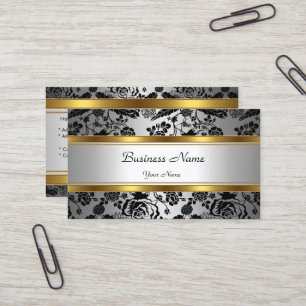 Cartão De Visita Elegante Sofisticado Dourado Cinza Floral preto pr