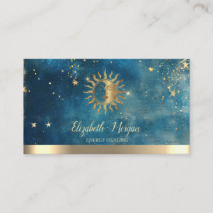Cartão De Visita Elegante Sol Estrelas Água-forte Azul Dourado