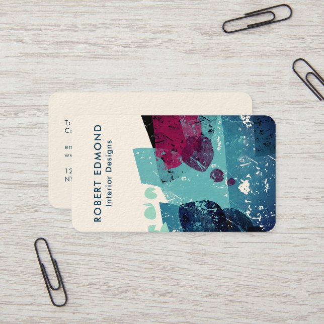 Cartão De Visita Elegante Torquoise Blue e Burgundy Abstrato QR (Frente/Verso In Situ)