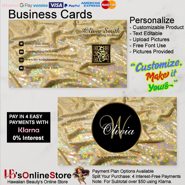 Cartão De Visita Elegante Trendy Monograma Girly Dourada Satin Glit (Elegant Trendy Monogram Girly Gold Satin Glitter Business Card 26.)